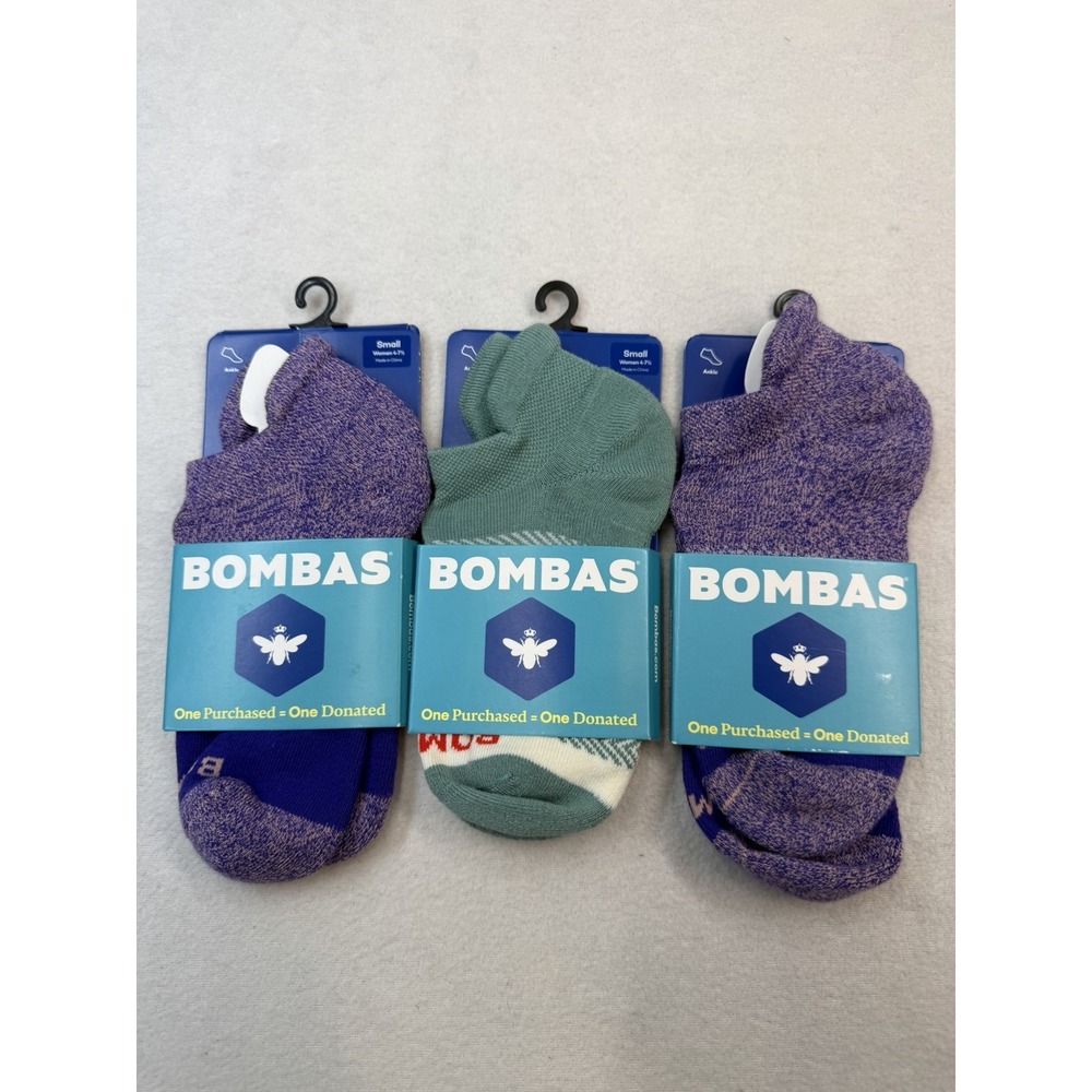 3 Pairs Bombas Marls & Tri-block Ankle Socks Violet Green Women's Small 4-7.5